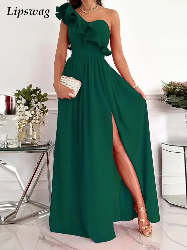 Women 2022 Summer Fashion One Shoulder Ruffle Dress Office Sexy Skew Collar Backless Dress Lady Eleagant High Slit Maxi Dresses
Women 2022 Summer Fashion One Shoulder Ruffle Dress Office Sexy Skew Collar Backless Dress Lady Eleagant High Slit Maxi Dresses