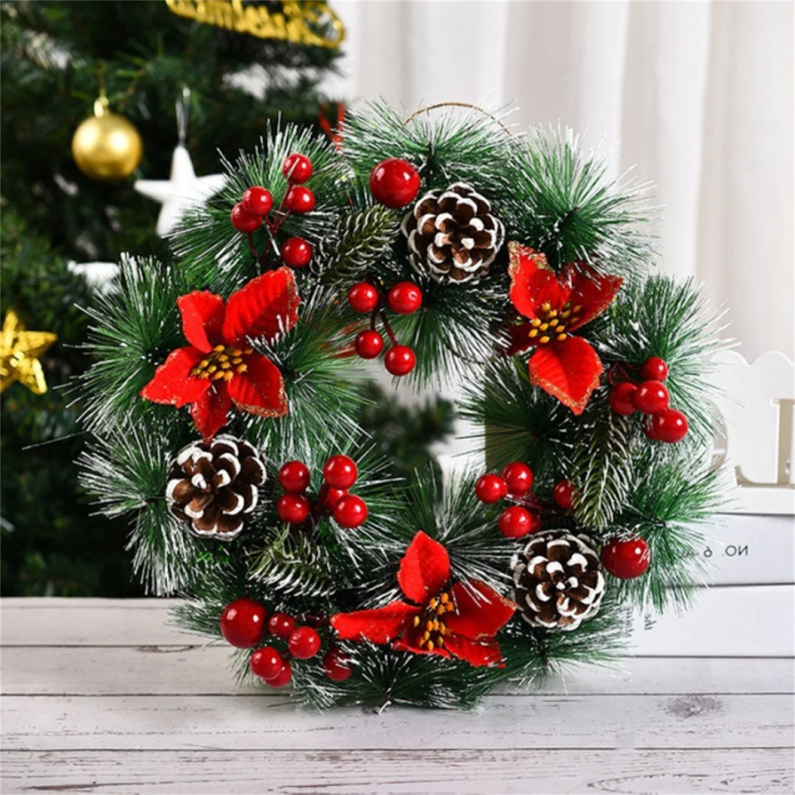 

Рождественская Бытовая Декоративная гирлянда, искусственные листья, венок, бант, обруч из ротанга, праздничное настенное украшение для двери