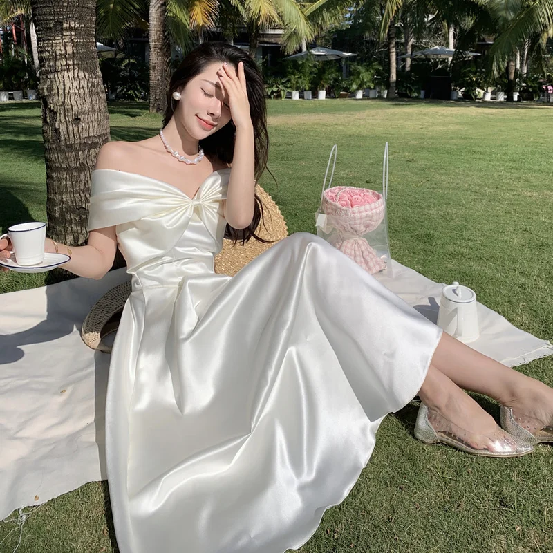 2022 Brand New Off Shoulder Bowtie Short Sleeve Ball Gown White Dress Silky Satin Midi Party Dress French Style Summer Dress 
2022 Brand New Off Shoulder Bowtie Short Sleeve Ball Gown White Dress Silky Satin Midi Party Dress French Style Summer Dress