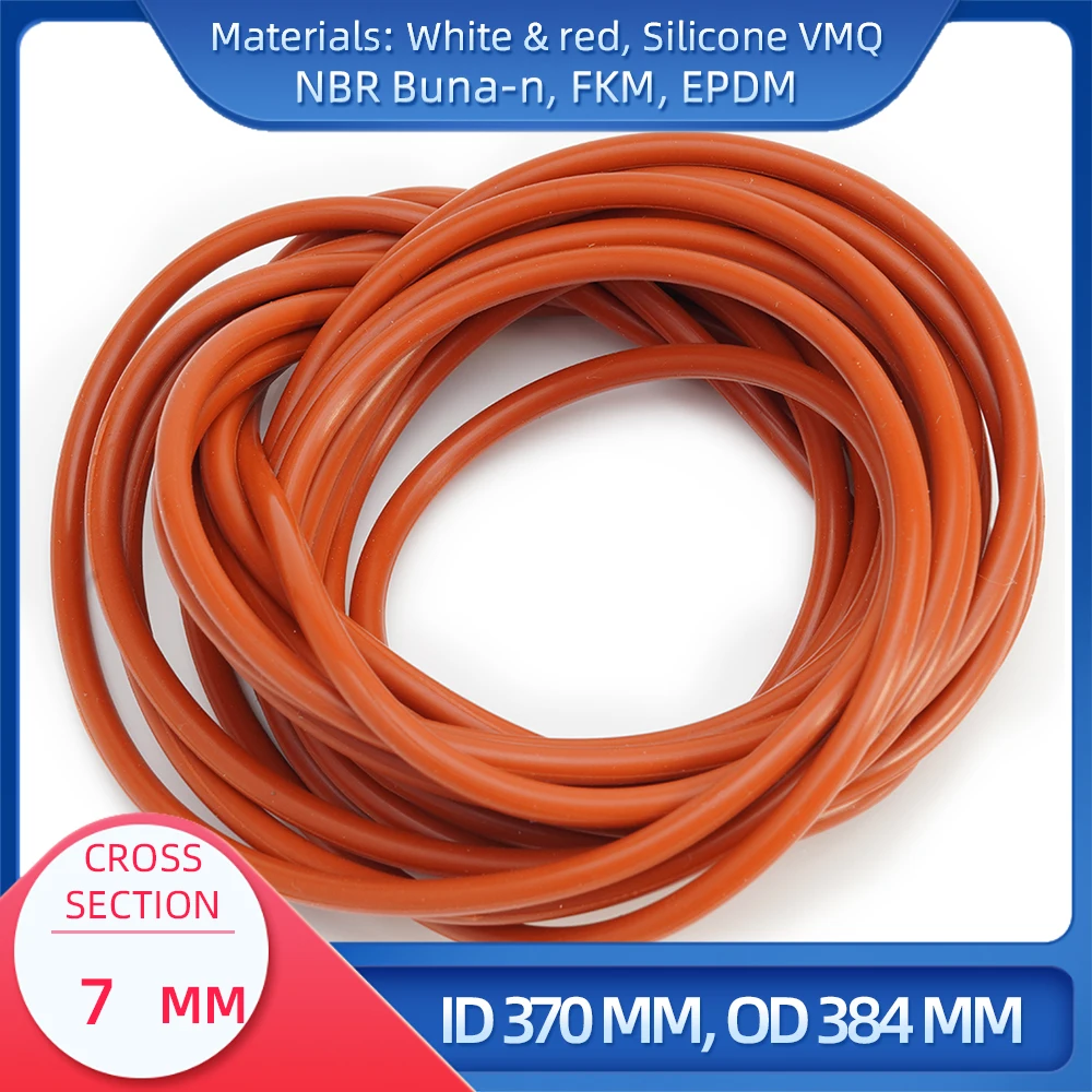 O Ring CS 7 mm ID 370 mm OD 384 mm Material With Silicone VMQ NBR FKM EPDM ORing Seal Gask
O Ring CS 7 mm ID 370 mm OD 384 mm Material With Silicone VMQ NBR FKM EPDM ORing Seal Gask