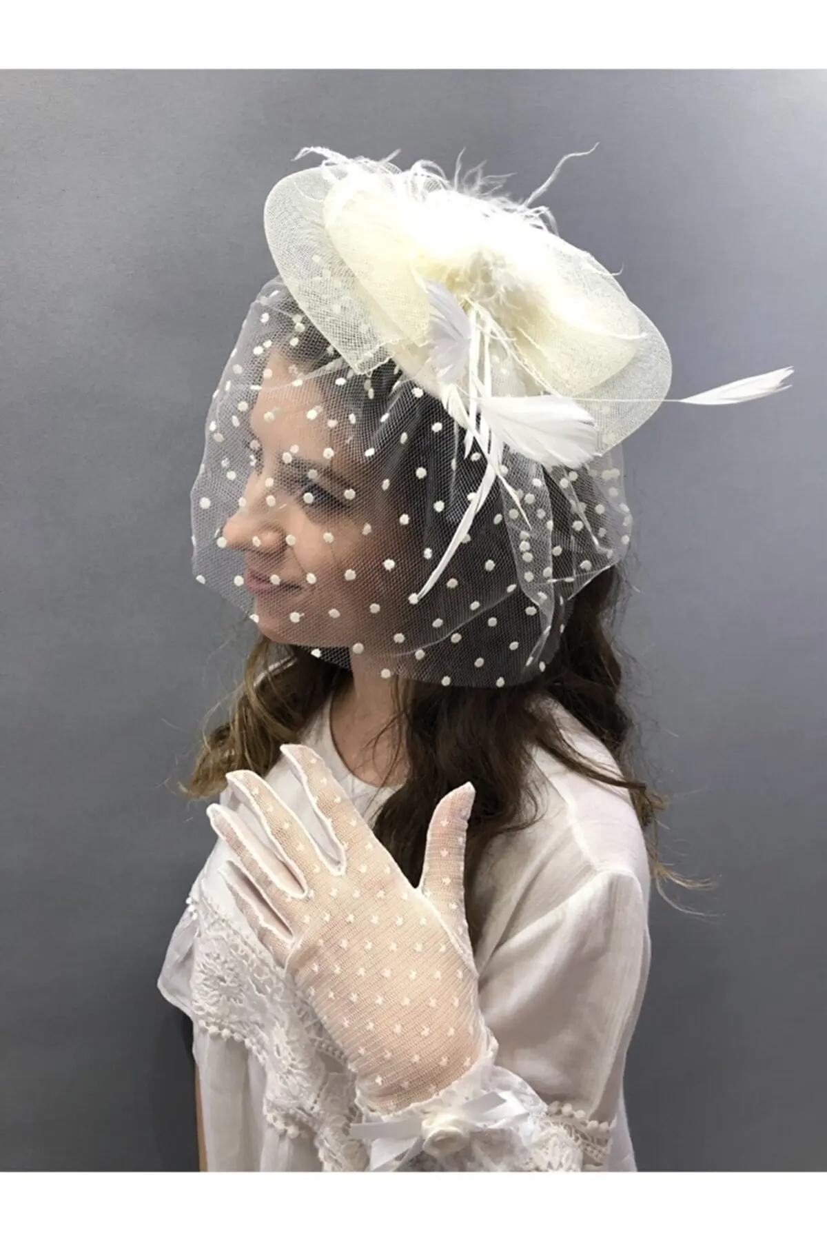 

Bride Accessory Cream Ruched Gloves-polka dot Vualet Wedding Hat Lace Mesh Bridal Transparent Elegant Fishnet Silk Tulle Guipure