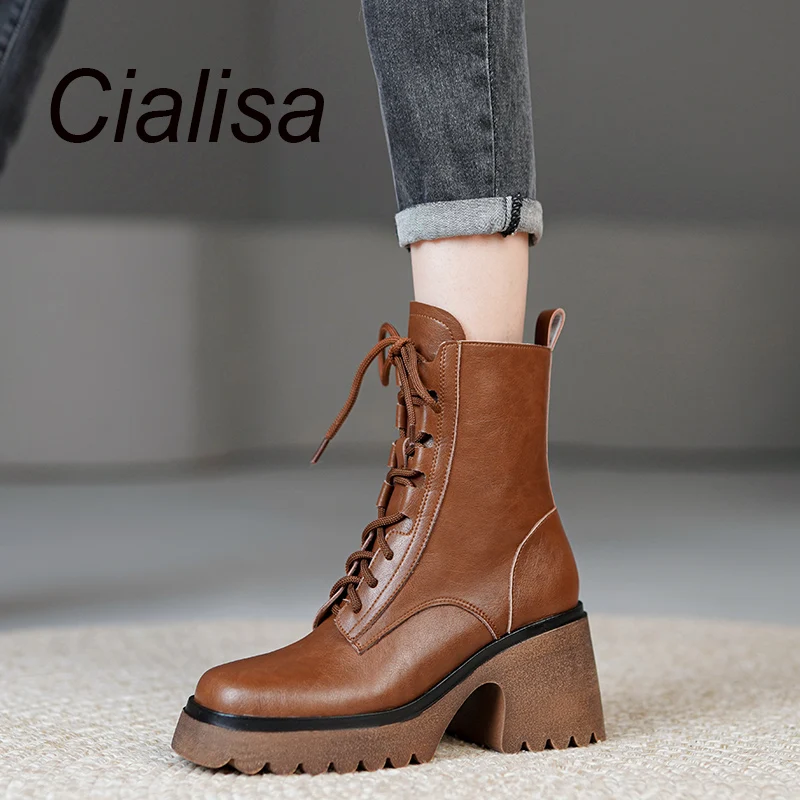 Cialisa Thick High Heels Women Short Boots Autumn Winter Shoes Cross-Tied Genuine Leather Round Toe Zipper Ladies Ankle Boots 40
Cialisa Thick High Heels Women Short Boots Autumn Winter Shoes Cross-Tied Genuine Leather Round Toe Zipper Ladies Ankle Boots 40