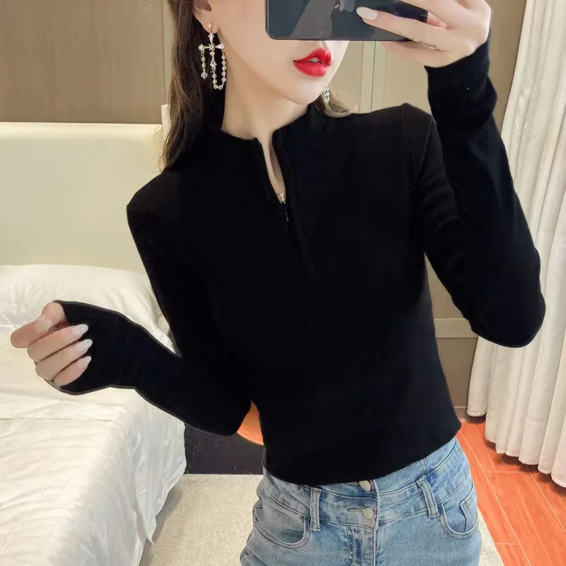 New Style Foreign Style Zipper Long Sleeve T-shirt Women's Short Fashion Top Skinny Fit With Stand Collar Bottomed Shirt Top
New Style Foreign Style Zipper Long Sleeve T-shirt Women's Short Fashion Top Skinny Fit With Stand Collar Bottomed Shirt Top