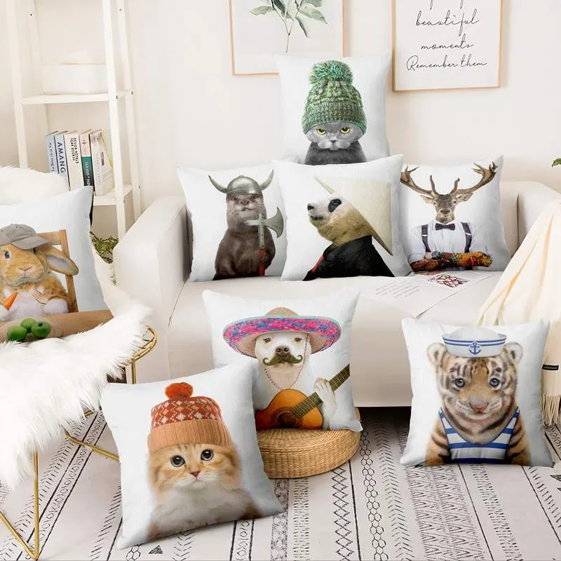 

Украшение для домашних подушек наволочка с рисунком акварельных животных, котят и щенок, льняные подушки, декоративная подушка, диванная по...