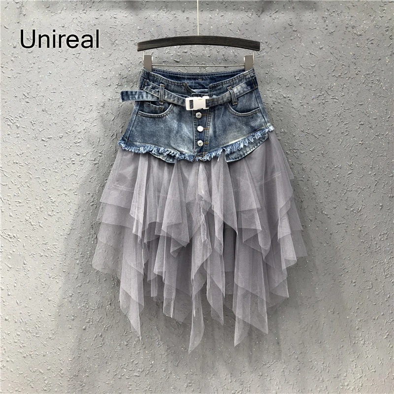 Unireal 2022 Summer Women Tulle Jeans Skirt High Waist Irregular Patchwork Sashes Mesh Ripped Mini Denim Skirt
Unireal 2022 Summer Women Tulle Jeans Skirt High Waist Irregular Patchwork Sashes Mesh Ripped Mini Denim Skirt