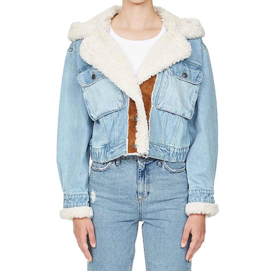 Зимняя джинсовая куртка для женщин, Толстая Женская куртка с капюшоном из овечьей шерсти, модные Лоскутные короткие куртки 
Зимняя джинсовая куртка для женщин, Толстая Женская куртка с капюшоном из овечьей шерсти, модные Лоскутные короткие куртки