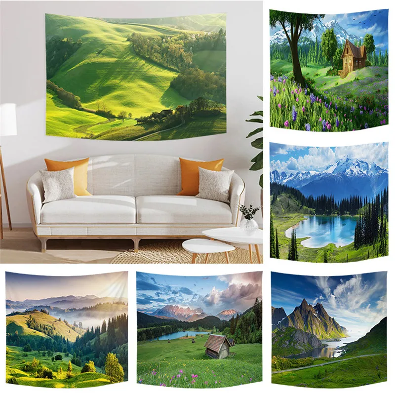 

Natural Sceneries Green Forest Mountain Rivers Printed Polyester Tapestry Wall Hanging Tapestries For Bedroom Dorm Hotel Decor