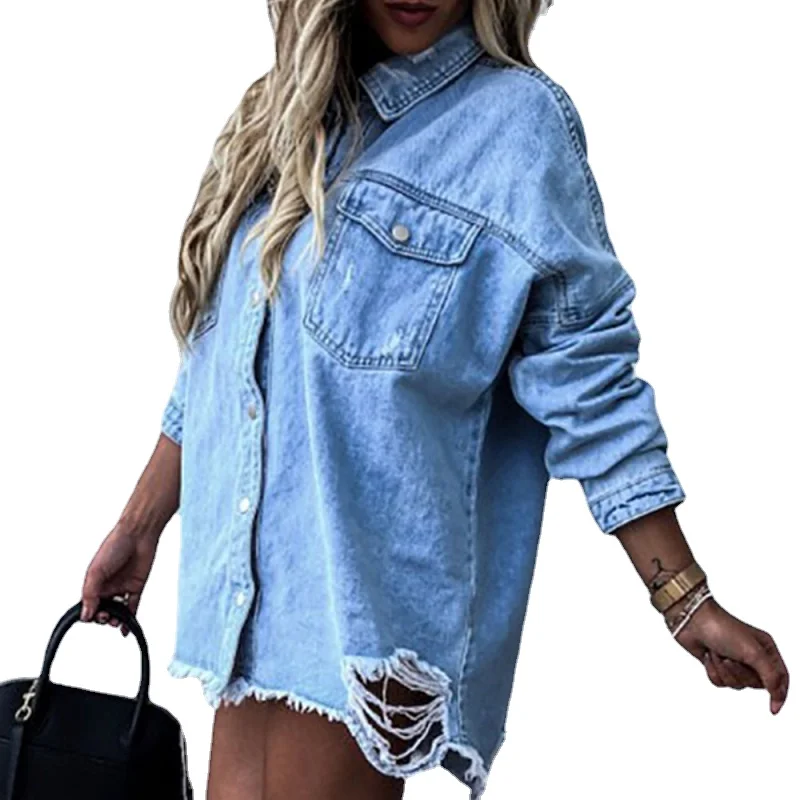 

Batwing Sleeve Boyfriend Denim Shirts Jackets Coats Ripped Hole Loose Cardigans Button Jeans Blouses Women Outerwear Tops