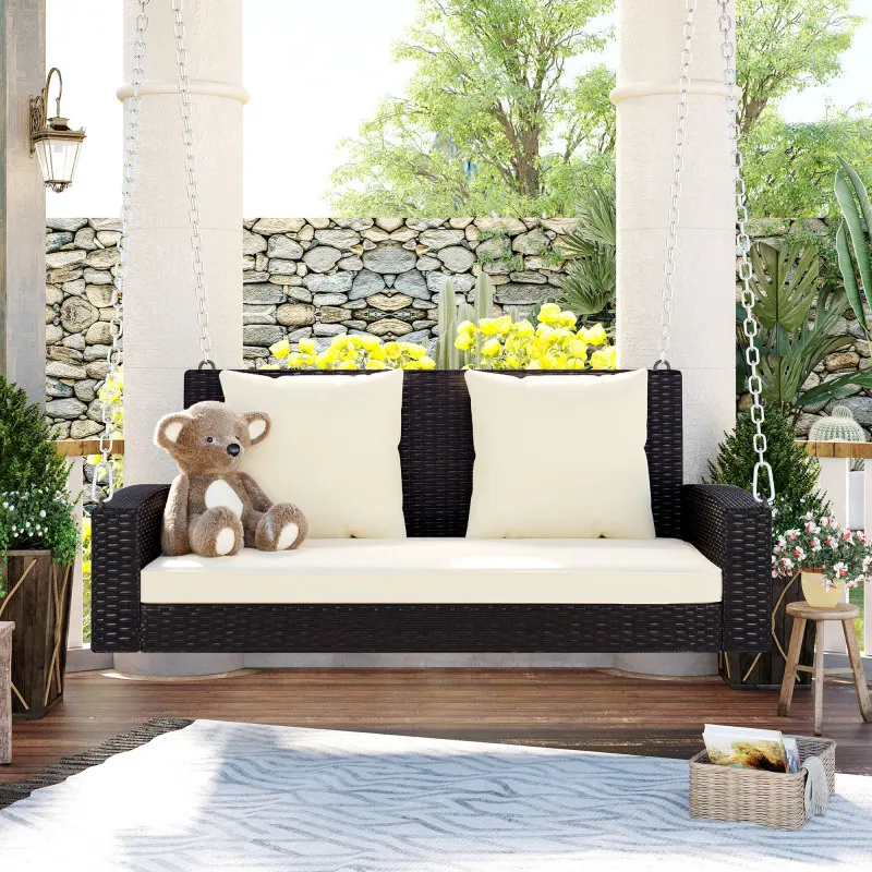 2-Person Wicker Hanging Porch Swing with Chains, Removable Cushion, Pillow, Rattan Swing Bench for Garden, Backyard, Pond.
2-Person Wicker Hanging Porch Swing with Chains, Removable Cushion, Pillow, Rattan Swing Bench for Garden, Backyard, Pond.