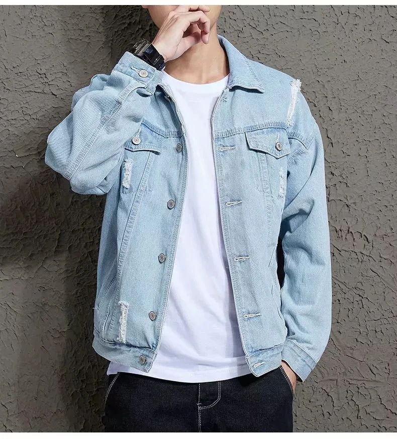 Korean Version of The Trend of Spring Men's Denim Jacket Holes Handsome Couples Jacket Japanese Loose Jeans for Students 
Korean Version of The Trend of Spring Men's Denim Jacket Holes Handsome Couples Jacket Japanese Loose Jeans for Students