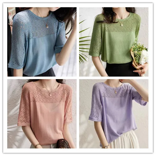 Women Knitted Short Sleeve Thin Ice Silk Short Sleeve T-shirt Hollow Out Lace Pullover Ladies Jumpers
Women Knitted Short Sleeve Thin Ice Silk Short Sleeve T-shirt Hollow Out Lace Pullover Ladies Jumpers