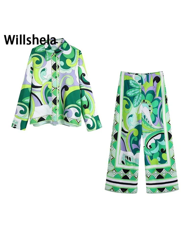 Willshela/женский модный комплект из двух предметов, однобортная блузка с принтом и прямые брюки, шикарные женские комплекты одежды для дома 
Willshela/женский модный комплект из двух предметов, однобортная блузка с принтом и прямые брюки, шикарные женские комплекты одежды для дома