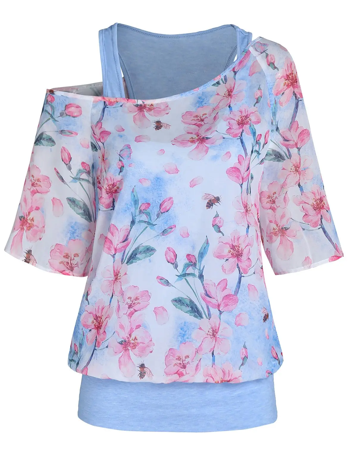 

Dressfo Oblique Shoulder Women T Shirt Skew Neck Flower Print Summer Floral Tops Half Sleeve 2 In 1 Style Printed Top