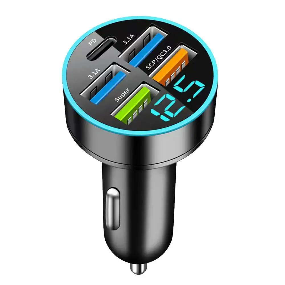 Автомобильное зарядное устройство 250 Вт 5 портов цифровой дисплей USB PD C-тип