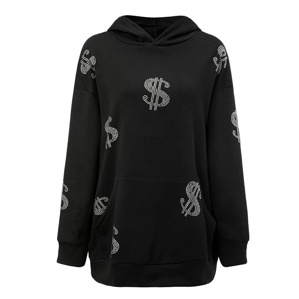 Женские зимние худи с надписью доллар Стразы, пуловер с длинным рукавом, свитшот с карманами, черный 
Женские зимние худи с надписью доллар Стразы, пуловер с длинным рукавом, свитшот с карманами, черный