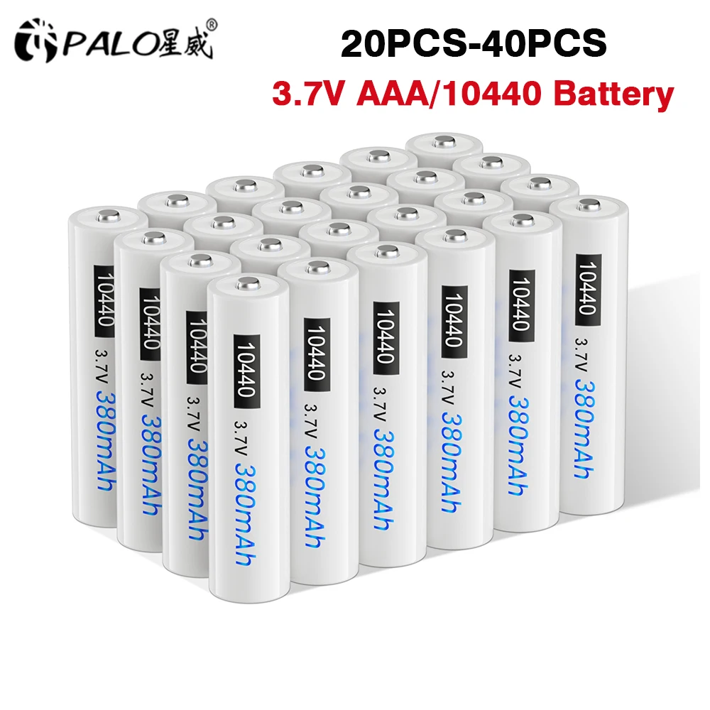 

PALO 20-40pcs 10440 Battery 380mAh Top Button 3.7V 10440 Rechargeable Lithium Battery AAA 3A Rechargeble li-ion batteries