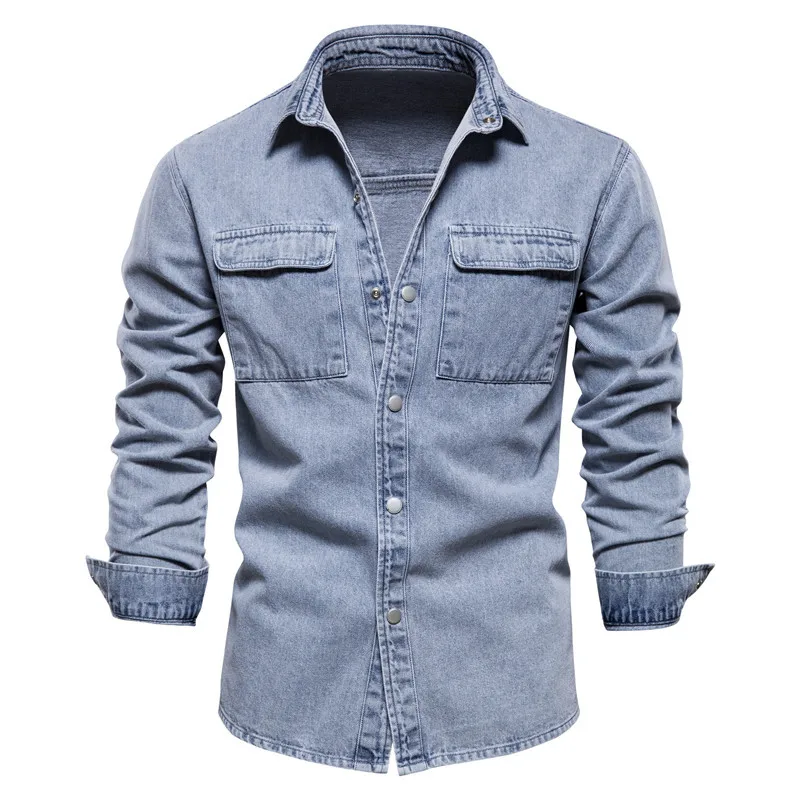

Джинсовая куртка для мужчин, модная верхняя одежда из хлопка, однотонный однобортный жакет из джинсовой ткани с лацканами, уличная одежда на осень