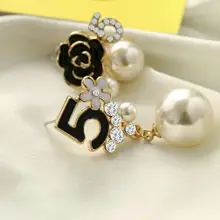korean Black Camellia Flower Earrings Asymmetric Earrings Black Rose Pearl Earrings with number 5 and rhinestone