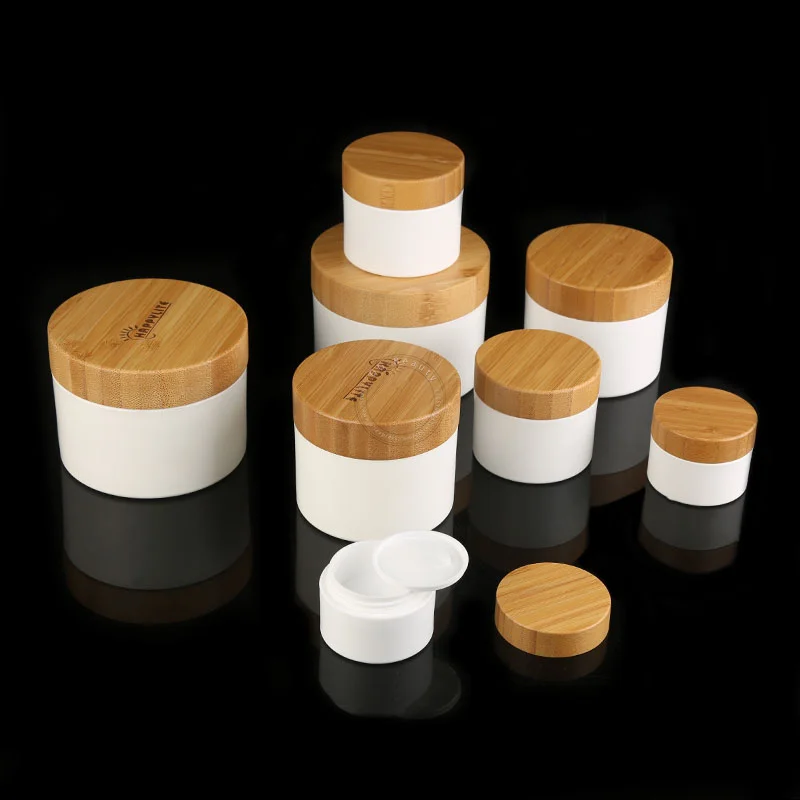 

100pcs White Plastic PP Cream Jars Pots With Bamboo Lids 10g 30g 50g Empty Refillable Cosmetic Containers Facial Cream Packaging