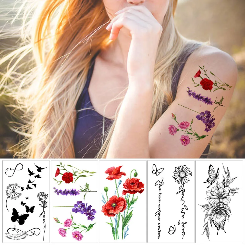 

Водостойкая Временная тату-наклейка с черными бабочками и цветами, Сексуальная Татуировка на грудь и шею для женщин и мужчин, искусственная татуировка