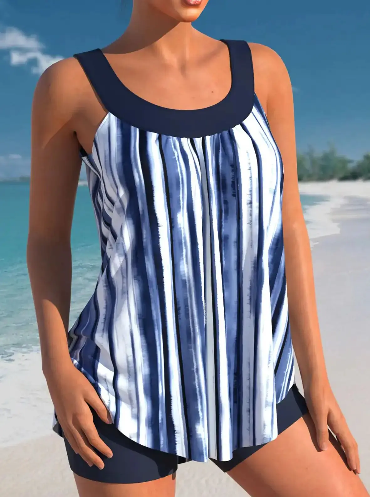 Stripe Print Wide Strap Navy Blue Tankini Short Set Sexy Sleeveless Patchwork Round Neck Beach Fashion Casual Two Piece Set Suit
Stripe Print Wide Strap Navy Blue Tankini Short Set Sexy Sleeveless Patchwork Round Neck Beach Fashion Casual Two Piece Set Suit