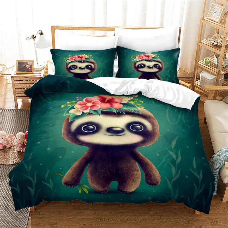 

Cartoon Animal Duvet Cover Funny Sloth Green Leaves Bedding Set Twin King For Boys Girls Teen Room Decor Microfiber Quilt Cover