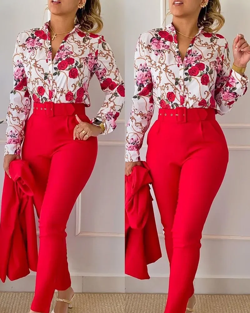 Casual Long Sleeve Shirt Pants Set Office Lady Fashion Elegant V Neck Floral Print Trousers Two Piece Set Women Outfit 2023
Casual Long Sleeve Shirt Pants Set Office Lady Fashion Elegant V Neck Floral Print Trousers Two Piece Set Women Outfit 2023