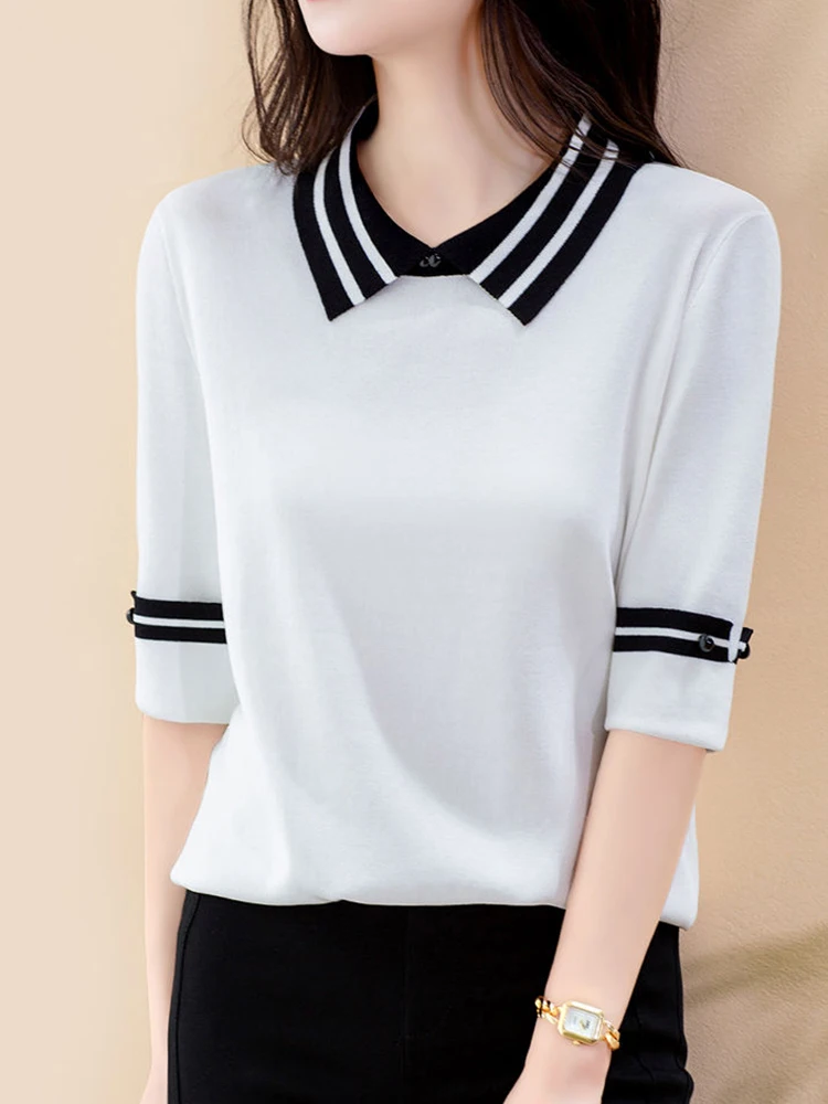 Knitted Tops T Shirt Women Clothes Thin T-Shirts Button Turn-Down Collar 2022 Summer Korean Fashion Tshirt Camisetas De Mujer
Knitted Tops T Shirt Women Clothes Thin T-Shirts Button Turn-Down Collar 2022 Summer Korean Fashion Tshirt Camisetas De Mujer