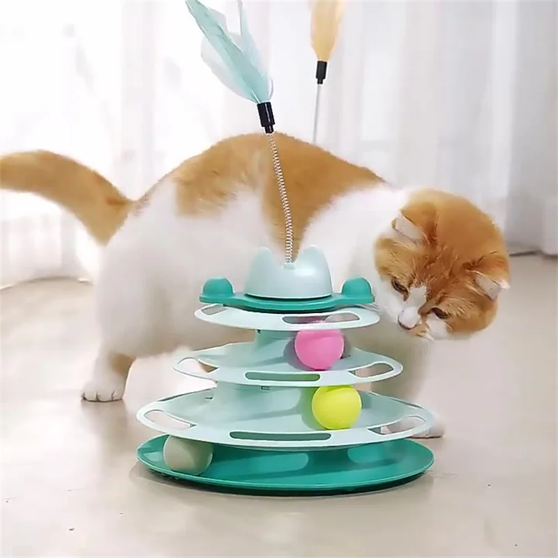 

4 Levels Turntable Cats Toy Tower Tracks Pet Interactive Ball Kitty Intelligence Training Amusement Plate Feather Cat Teaser Rod