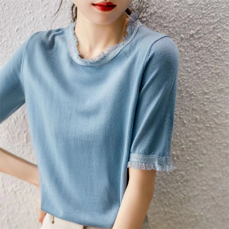 Women's T-Shirt Summer New Short Sleeve Casual Knit Top Fashion Round Neck Pullover Fringe Vest Solid Color Worsted Wool Sweater 
Women's T-Shirt Summer New Short Sleeve Casual Knit Top Fashion Round Neck Pullover Fringe Vest Solid Color Worsted Wool Sweater