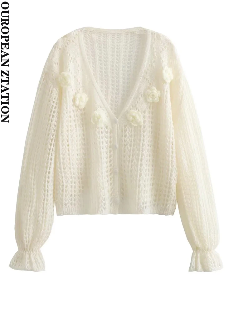 

PAILETE Women 2023 fashion flower crochet cropped knit sweater vintage v neck long sleeve female outerwear chic tops