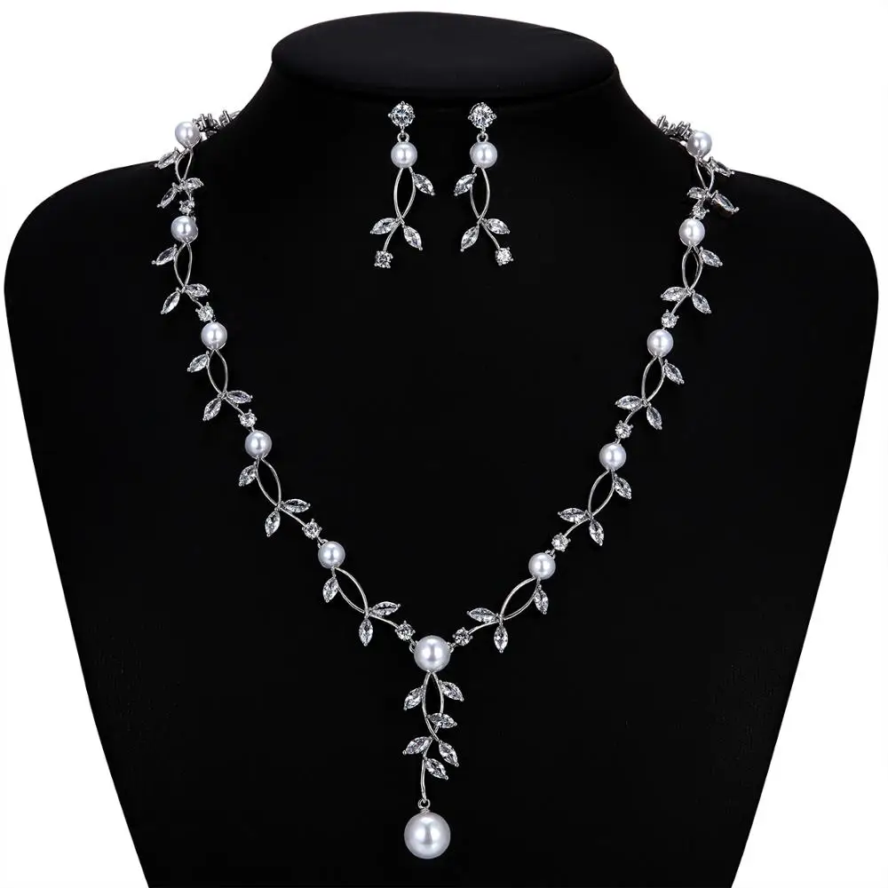 

Pearls Bridal Wedding Leaves Necklace Earring Set with CZ Cubic Zirconia ,Bridesmaid Prom Jewelry Accessories CN10252