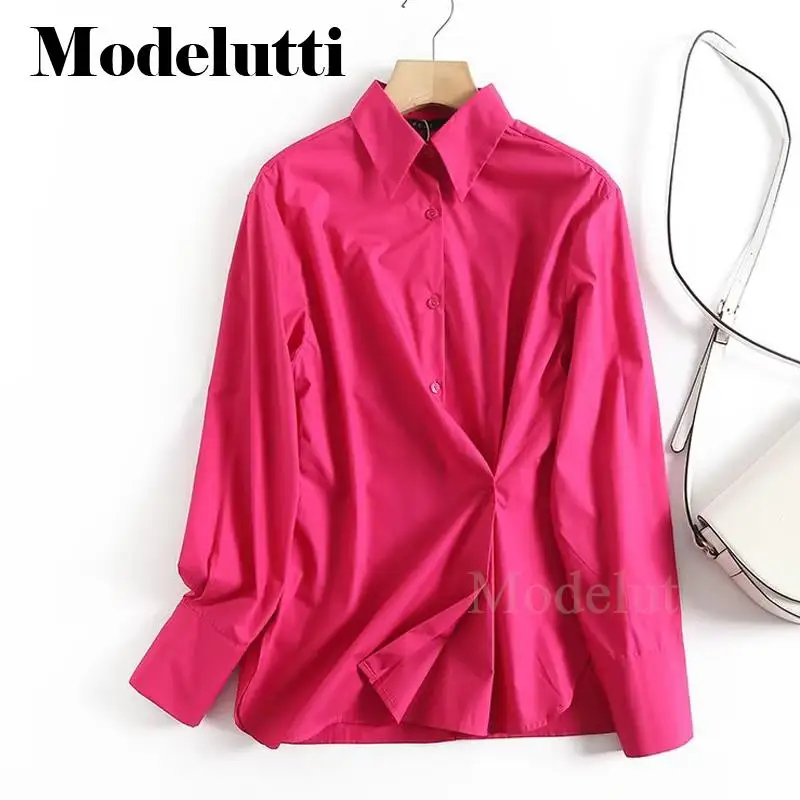 

Modelutti 2023 New Spring Summer Fashionable Poplin Long Sleeve Shirt Women Slim Solid Simple Blouses Chic Casual Tops Female