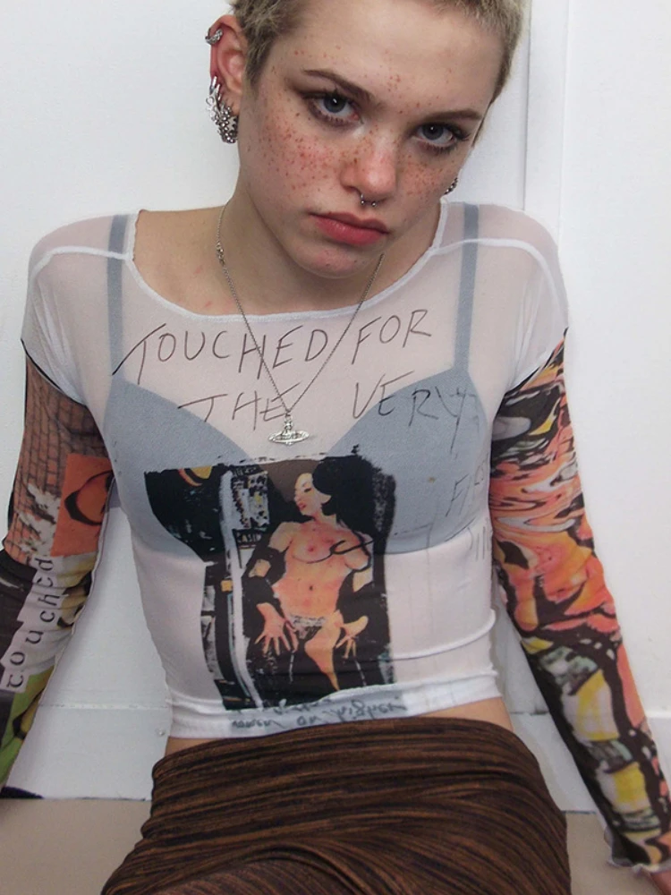 See Through Mesh Sexy Gothic Aesthetic T-shirts Y2k Punk Vintage Print Bodycon Crop Tops Women Summer 90s Streetwear
See Through Mesh Sexy Gothic Aesthetic T-shirts Y2k Punk Vintage Print Bodycon Crop Tops Women Summer 90s Streetwear