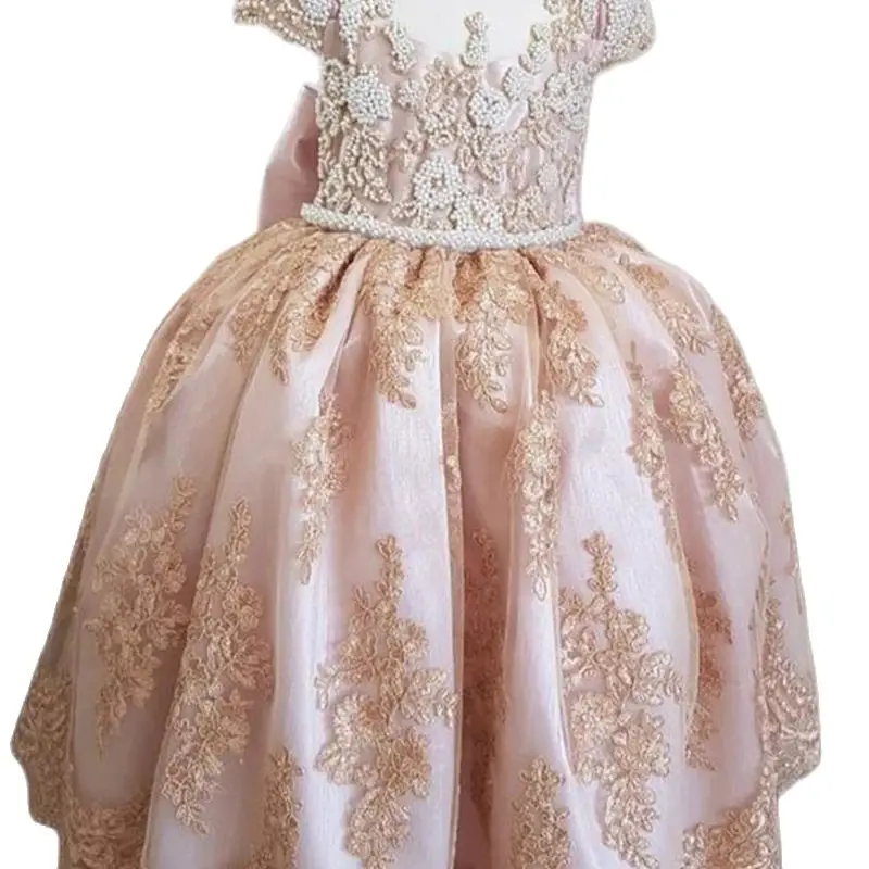 

Lace Pearls Girls Dresses with Big Bow Long Baby Birthday Party Dress for Ceremony Kid Size 12M-14Y