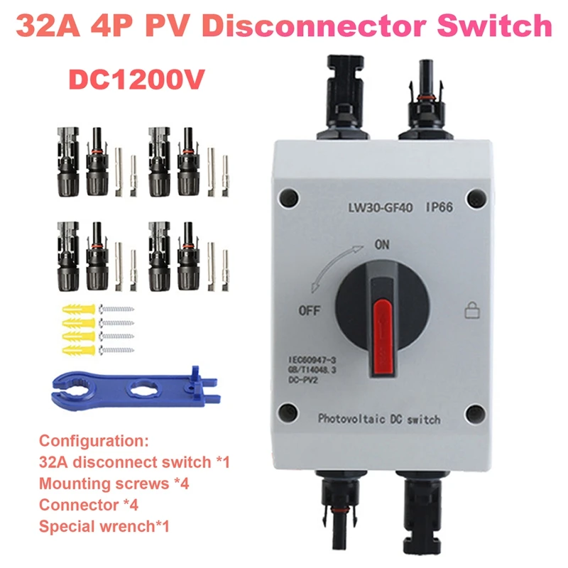 ABHG 32A 4P PV Disconnector Switch+Connector+Wrench DC1200V GF40 Outdoor IP66 Waterproof Diverter Switch Rotary Switch
ABHG 32A 4P PV Disconnector Switch+Connector+Wrench DC1200V GF40 Outdoor IP66 Waterproof Diverter Switch Rotary Switch