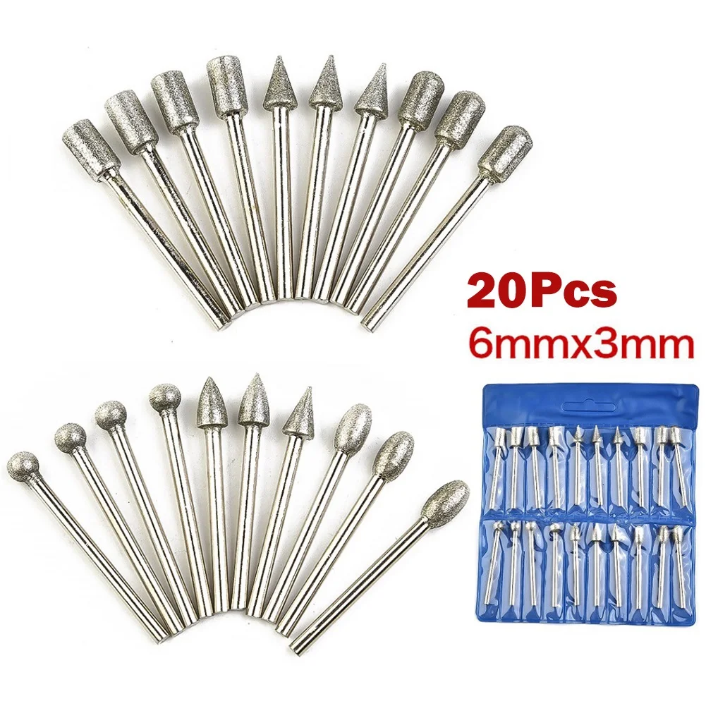 20pcs 3mm Shank Diamond Burr Set Drill Bits Grinding Heads For Rotary Tool Polishing Grinding Engraving Wood Glass Metal
20pcs 3mm Shank Diamond Burr Set Drill Bits Grinding Heads For Rotary Tool Polishing Grinding Engraving Wood Glass Metal