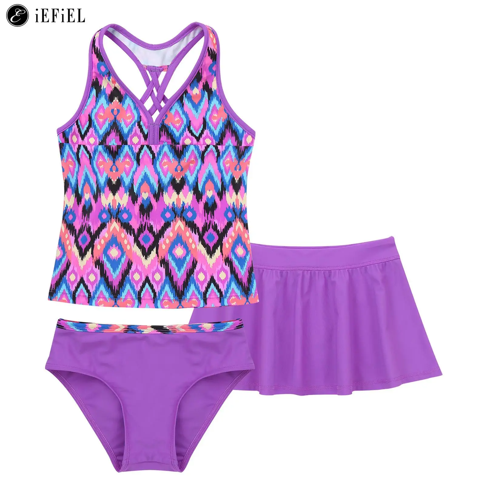 

3Pcs Kids Girls Tankini Swimsuit Criss-Cross Back Tank Top with Bottoms Skirt Water Sport Bikini Swimwear Bathing Suit Beachwear