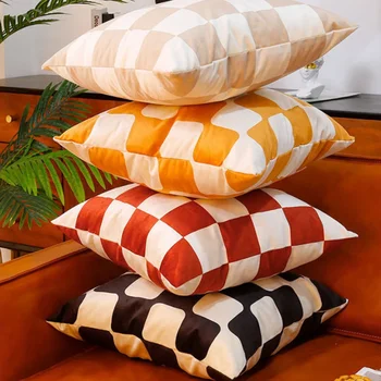 Real Checkerboard Pillow Case Cushion Cover Velvet Throw Pillow Case For Sofa Pillowcase ?? Decorative Zipper Pillow Cover Car
