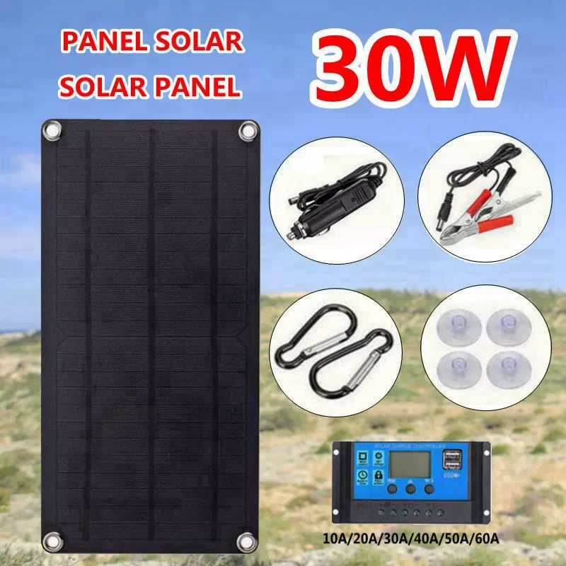 2023New 30W 12V Solar Panel Kit Complete with Controller Portable 5V USB Power Bank Solar Charger for Phone Charger Camping Car
2023New 30W 12V Solar Panel Kit Complete with Controller Portable 5V USB Power Bank Solar Charger for Phone Charger Camping Car