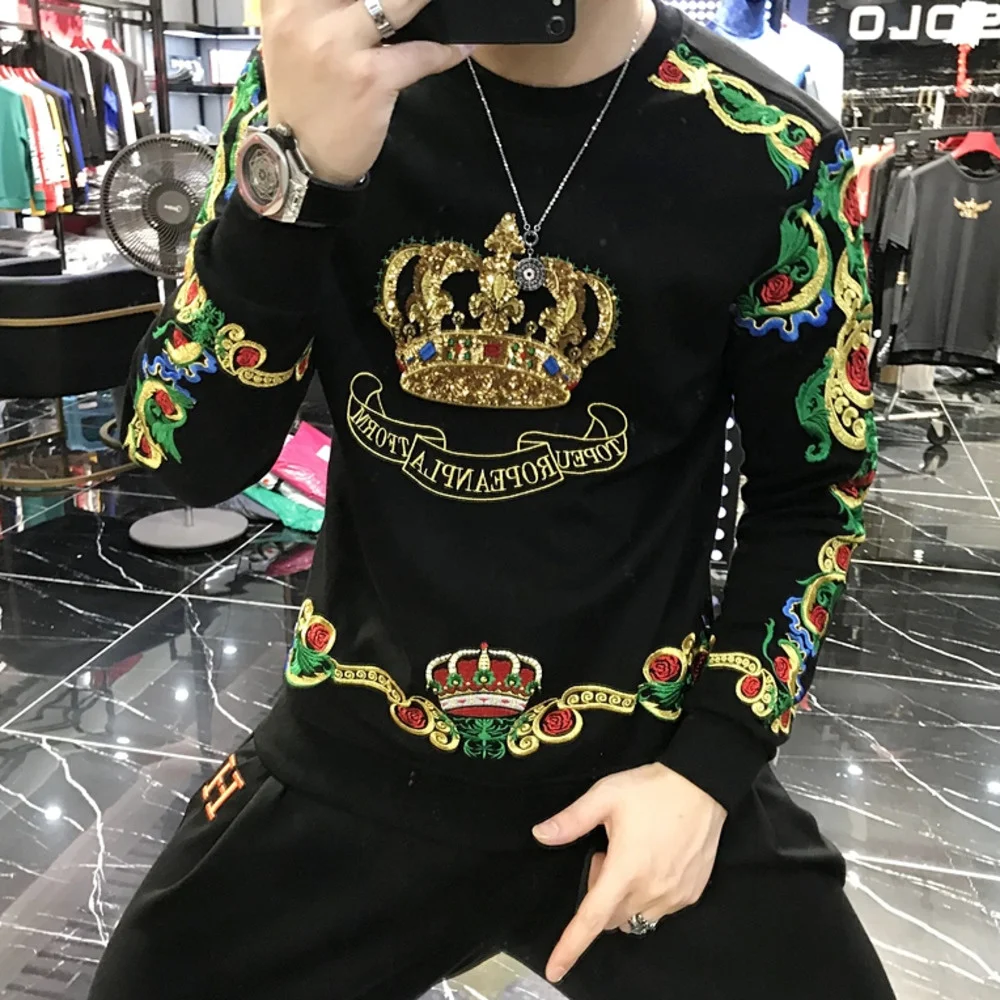 

Luxury old Black Embroidered Sequined Crown Sweater Men's Suddera ombre Baroque Club Jacket Casual Fasion Sweater arajuku