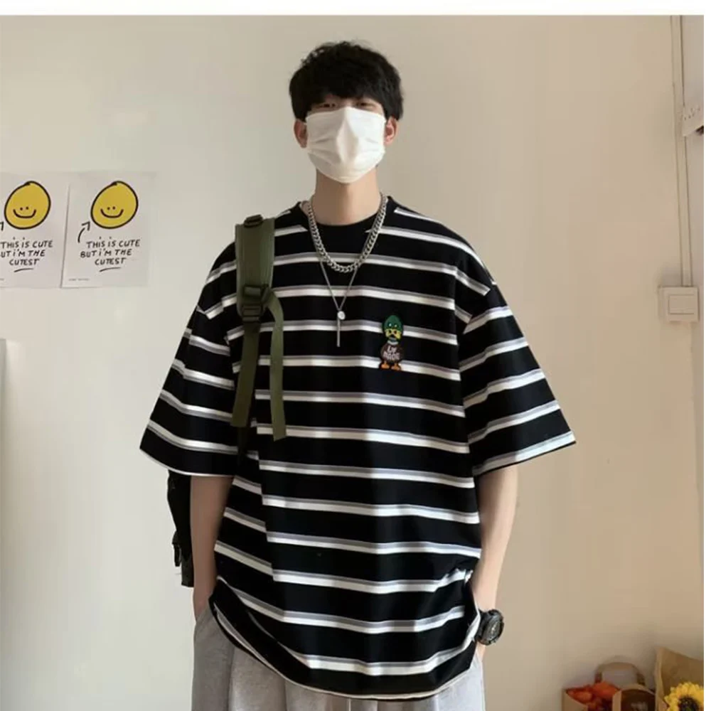 Summer Korean Loose Pure Cotton Striped T-shirt For Men's Cartoon Embroidery Tops Harajuku Oversized Hip Pop High Street Clothes
Summer Korean Loose Pure Cotton Striped T-shirt For Men's Cartoon Embroidery Tops Harajuku Oversized Hip Pop High Street Clothes