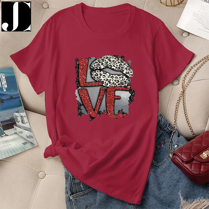 Summer Women Graphic T-shirt 100% Cotton Female Casual Short Sleeve Love Letter Leopard Print Ladies Fashion Round Neck Tee Tops
Summer Women Graphic T-shirt 100% Cotton Female Casual Short Sleeve Love Letter Leopard Print Ladies Fashion Round Neck Tee Tops