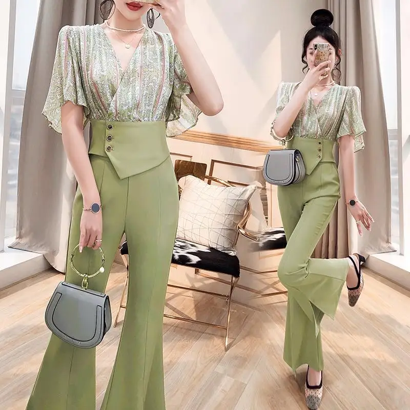 Women 2022 Summer 2 Piece Sets Business Clothes Office Lady Suit Short Sleeve Blouses Shirts + Flared Long Pants Elegant Set N19
Women 2022 Summer 2 Piece Sets Business Clothes Office Lady Suit Short Sleeve Blouses Shirts + Flared Long Pants Elegant Set N19