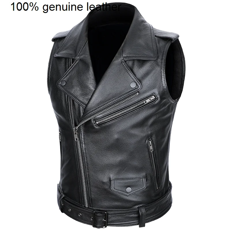 

Motorcycle 100% Cowhide Vest Classical Men's Oblique Zipper Genuine Leather Sleeveless Jackets Slim Motorcade Vests