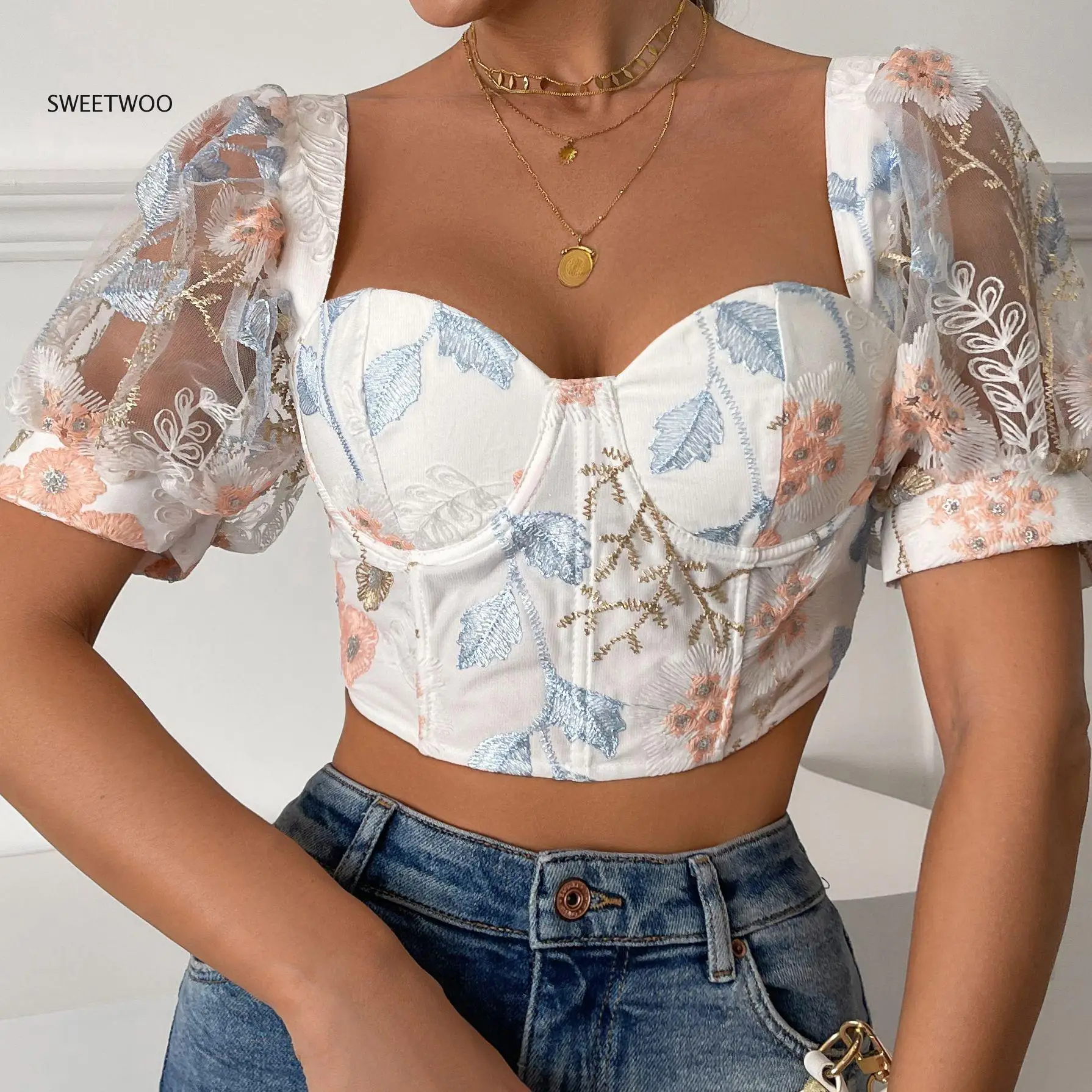 Women Elegant Puff Sleeves Tube Top Floral Print Blouse for Female Sexy Backless Lace Shoer Blouse Tops 2022 Spring Summer New
Women Elegant Puff Sleeves Tube Top Floral Print Blouse for Female Sexy Backless Lace Shoer Blouse Tops 2022 Spring Summer New