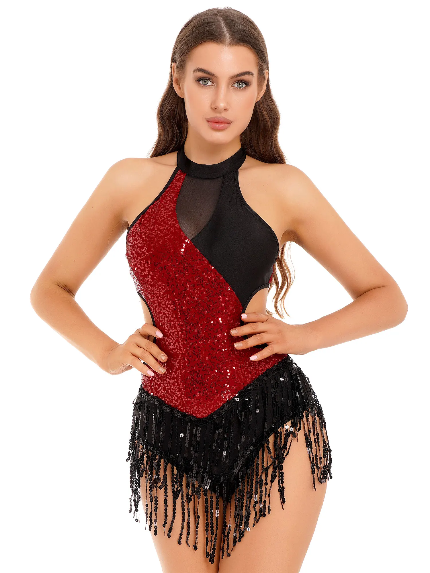 Womens Sparkling Sequin Color Block Patchwork Bodysuit Sleeveless Fringed Leotard Latin Tango Cha-Cha Dance Performance Costume
Womens Sparkling Sequin Color Block Patchwork Bodysuit Sleeveless Fringed Leotard Latin Tango Cha-Cha Dance Performance Costume