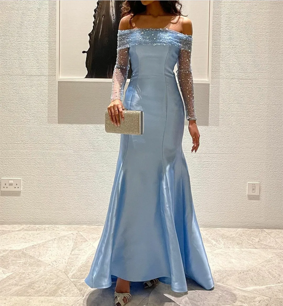Sky Blue Mermaid Off Shoulder Evening Dresses Sequins Long Sleeve Satin Arabia Formal Party Gowns Floor Length Prom Dress
Sky Blue Mermaid Off Shoulder Evening Dresses Sequins Long Sleeve Satin Arabia Formal Party Gowns Floor Length Prom Dress