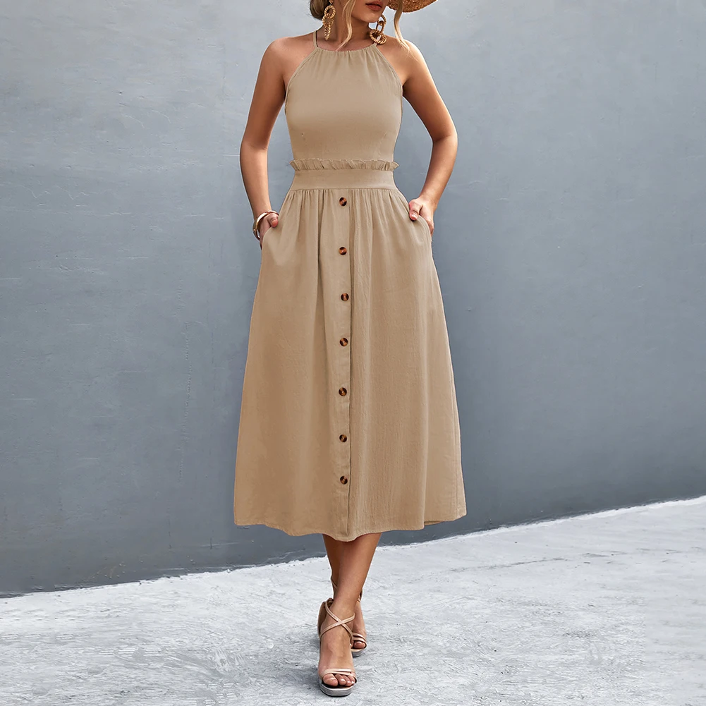 Women Summer 2023 Sexy Elegant Round Neck Button Pocket Halter Neck Sleeveless Backless Ties Casual Swing Dress
Women Summer 2023 Sexy Elegant Round Neck Button Pocket Halter Neck Sleeveless Backless Ties Casual Swing Dress