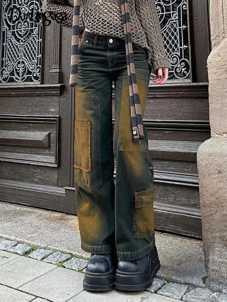 

Брюки-карго Darlingaga Fairycore в гранж-стиле, Y2K, женские джинсы, уличная одежда с принтом тай-дай, прямые джинсовые брюки в стиле ретро, наряды